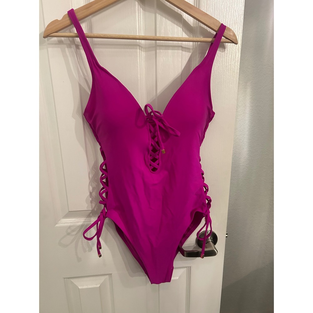 Bar III Womens Magenta Pink Lace Up Side One Piece Swimsuit Size‎ Small